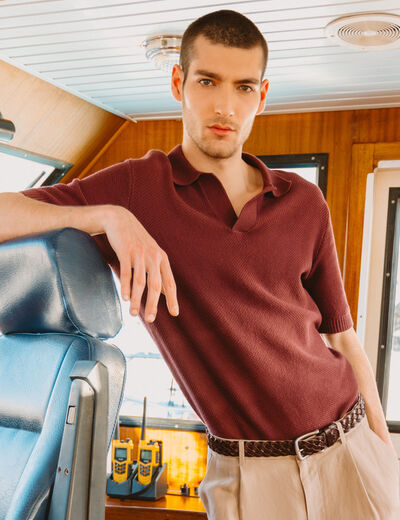 Polo ample col cubain manches courtes prune homme