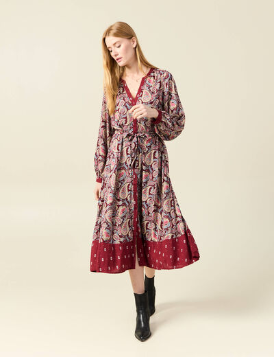 Robe midi chemise évasée rouge foncé femme