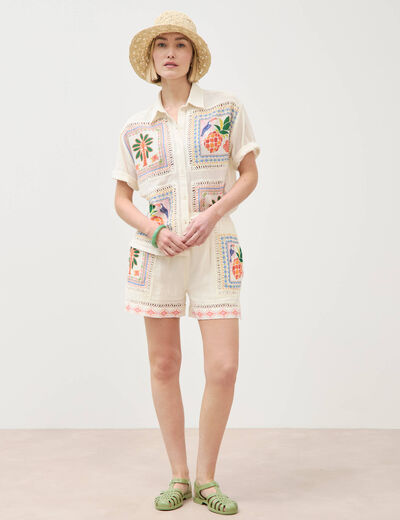 Chemise ample brod&eacute;e manches courtes blanc femme
