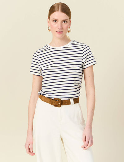 T-shirt cintr&eacute; col rond manches courtes ecru femme