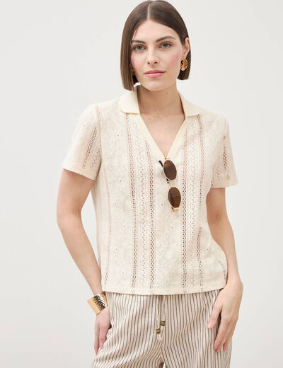 Polo ajust&eacute; manches courtes dentelle ivoire femme