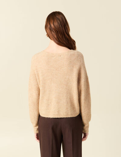 Gilet col V manches longues n&oelig;uds beige femme
