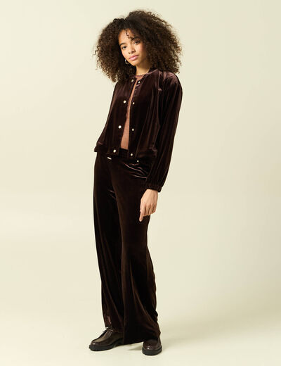 Gilet court droit en velours doubl&eacute; marron fonc&eacute; femme