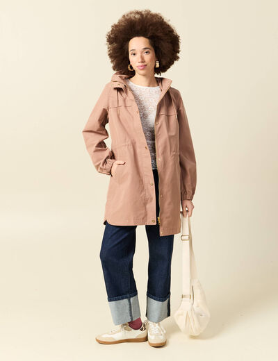 Parka longue droite d&eacute;perlante &agrave; capuche marron clair femme