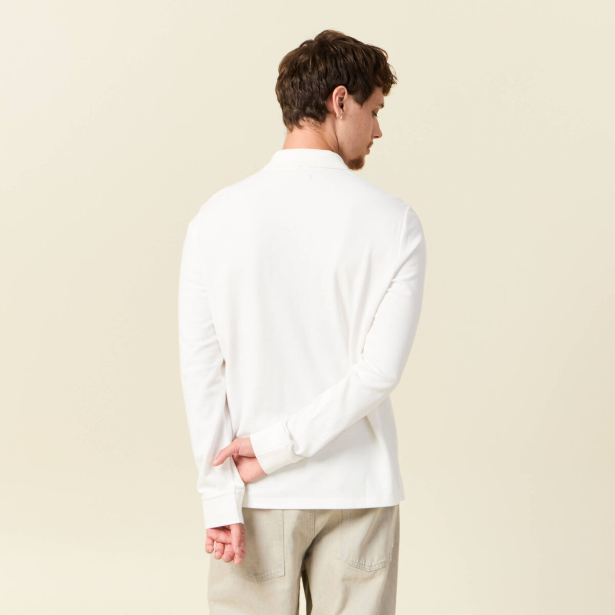 Polo manches longues en coton ecru homme