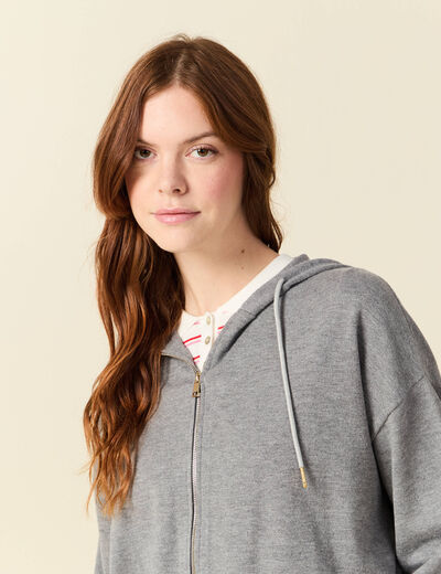 Gilet droit court &agrave; capuche gris clair femme