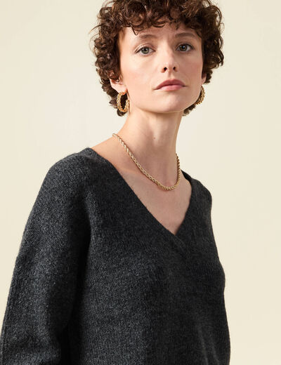Pull manches longues col en V gris foncé femme