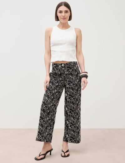 Pantalon loose en coton doubl&eacute; noir femme