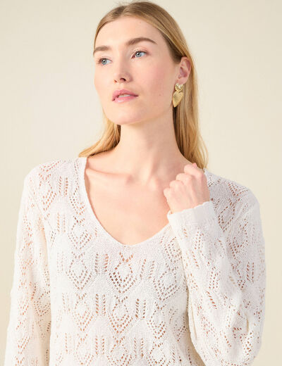Pull ajour&eacute; col v manches longues ecru femme