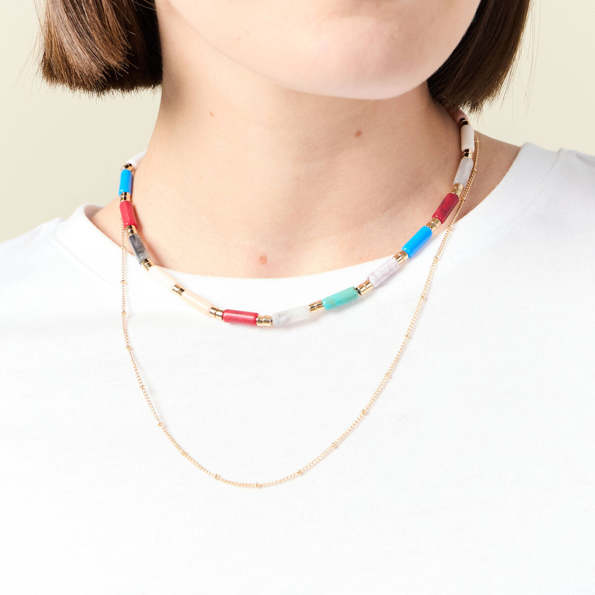 Double collier avec perles multicolore femme
