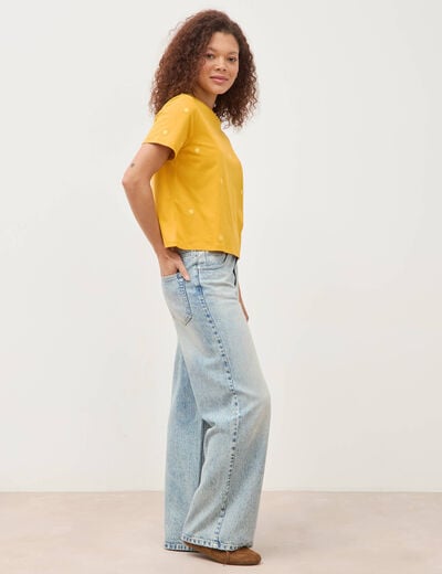 T-shirt droit col rond brod&eacute; en coton jaune or femme