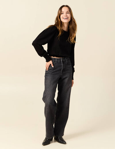 T-shirt manches longues smocké noir femme