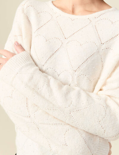 Pull manches longues col rond brillant ecru femme