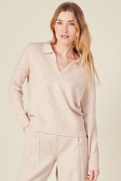 Pull col polo éco-responsable creme femme