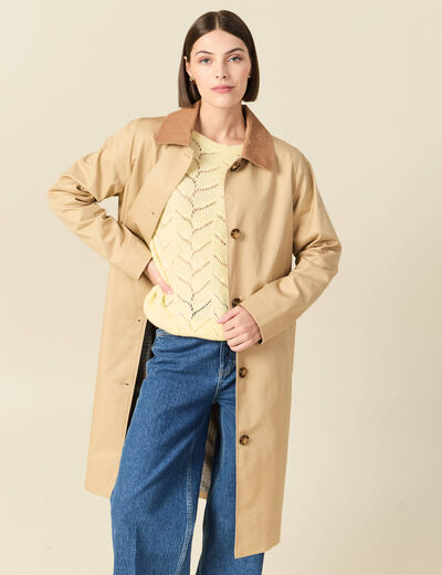 Imperm&eacute;able long droit col tailleur beige femme
