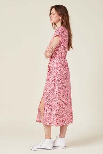 Robe midi droite drapée rose framboise femme