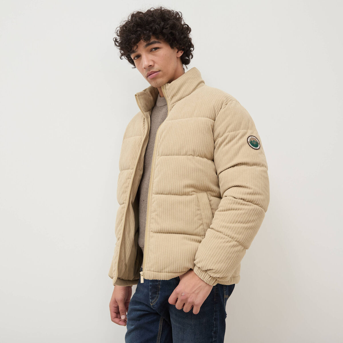Doudoune manches longues en velours beige homme