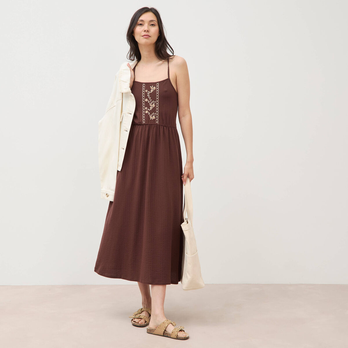 Robe bretelle col carr&eacute; en coton marron fonc&eacute; femme