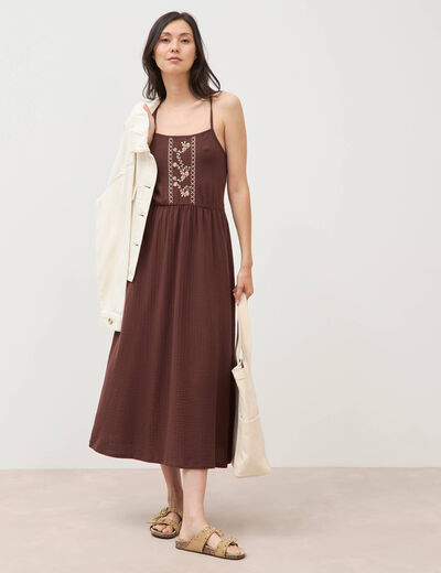 Robe bretelle col carr&eacute; en coton marron fonc&eacute; femme