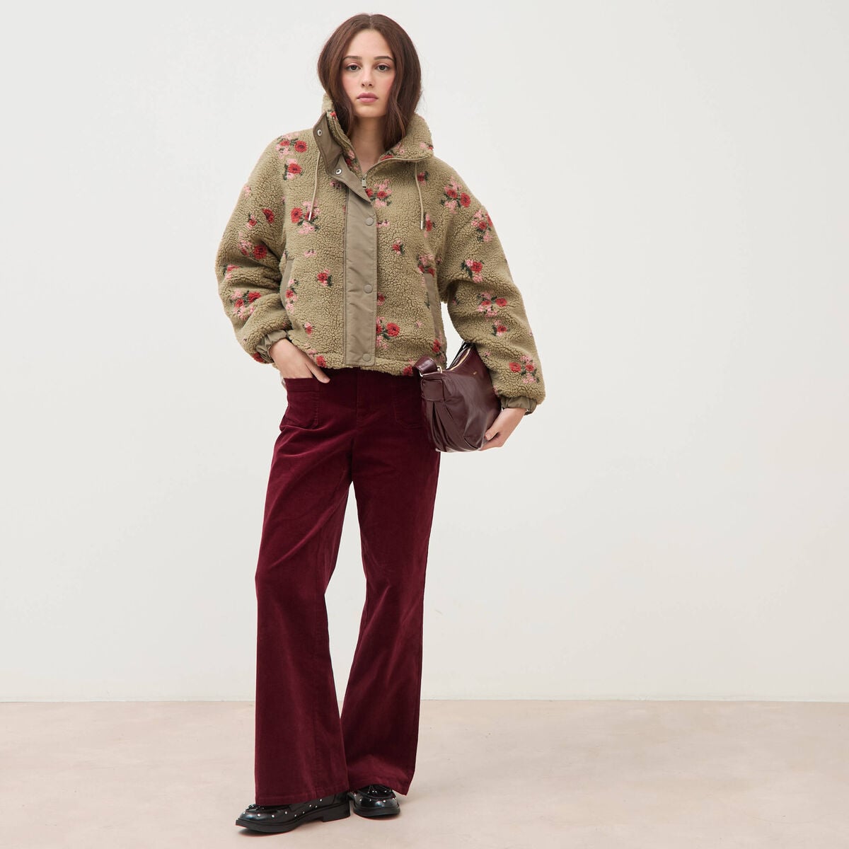 Blouson oversize sherpa col montant vert femme
