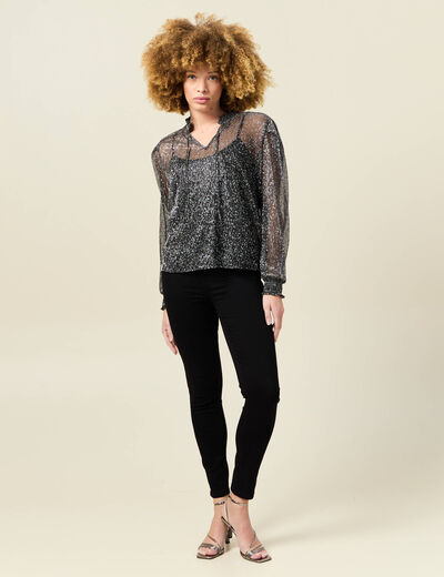 T-shirt manches longues brillant noir femme