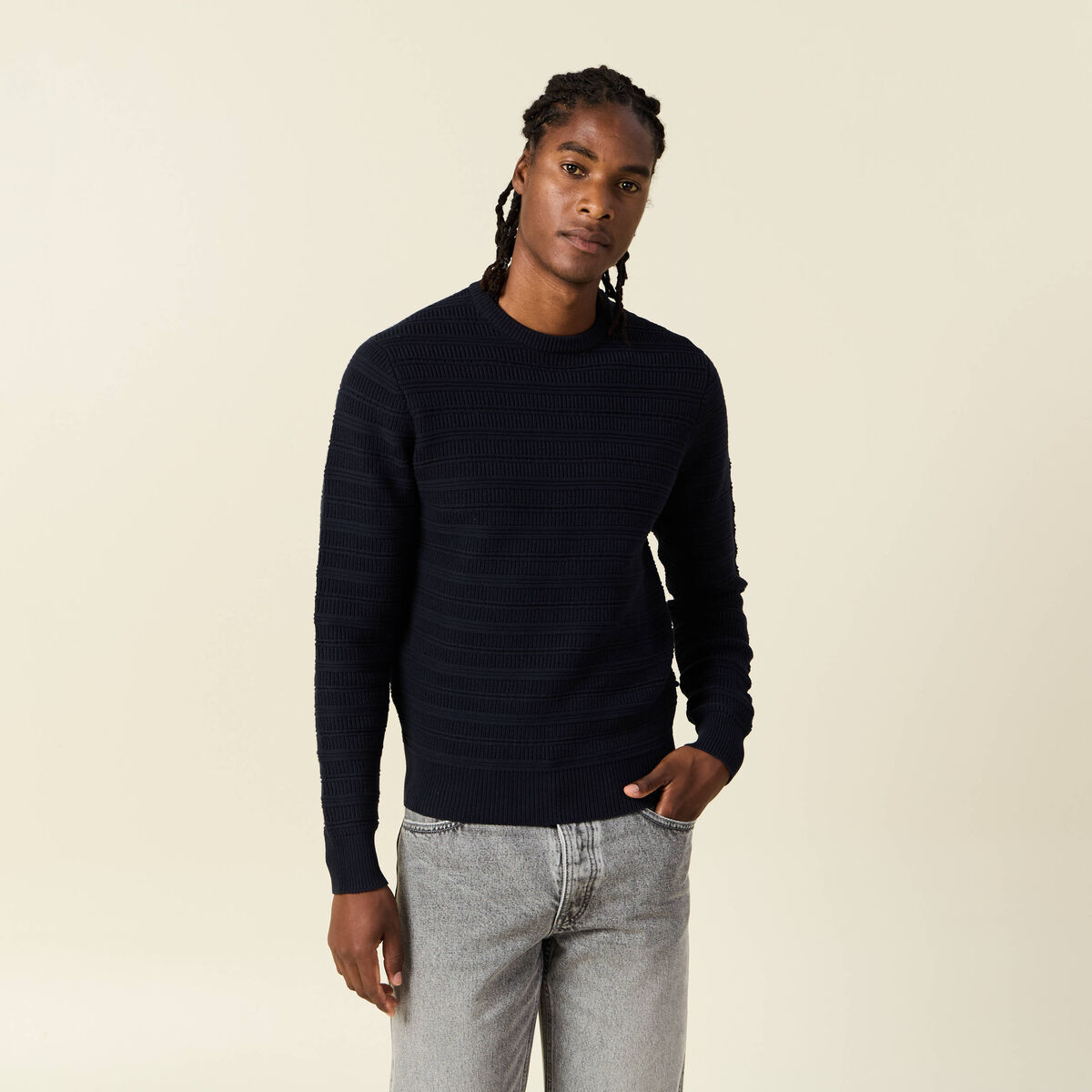 Pull manches longues bleu marine homme