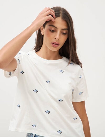 T-shirt droit col rond brod&eacute; en coton ivoire femme