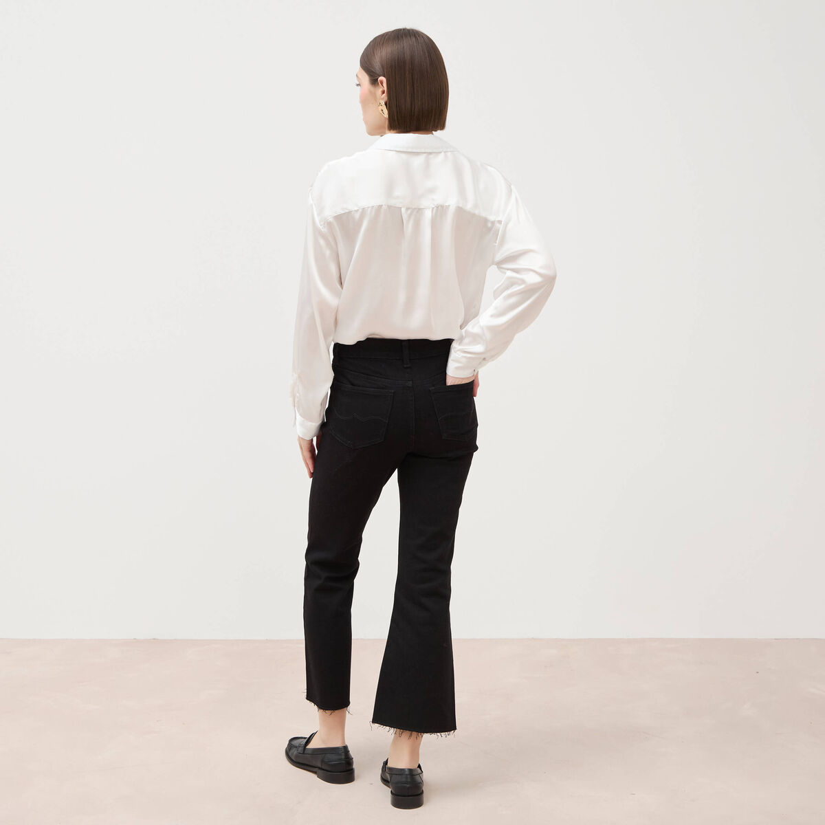 Jeans bootcut cropped taille bascul&eacute;e denim noir femme