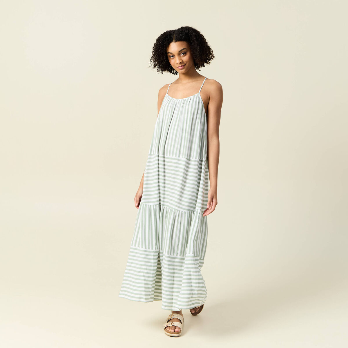 Robe longue droite bretelles vert olive femme