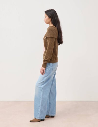 Pull droit manches longues bardot marron femme