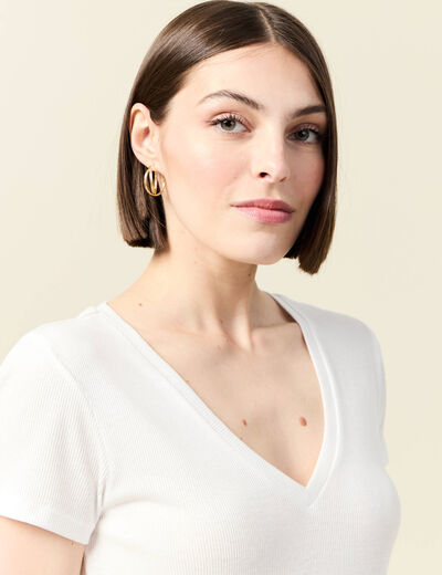 Short ajusté col V manches courtes ecru femme