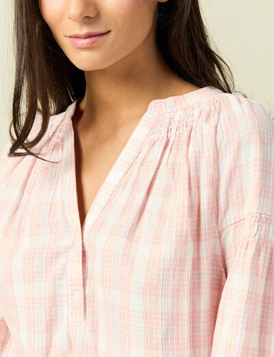 Blouse en coton &agrave; carreaux blanc femme