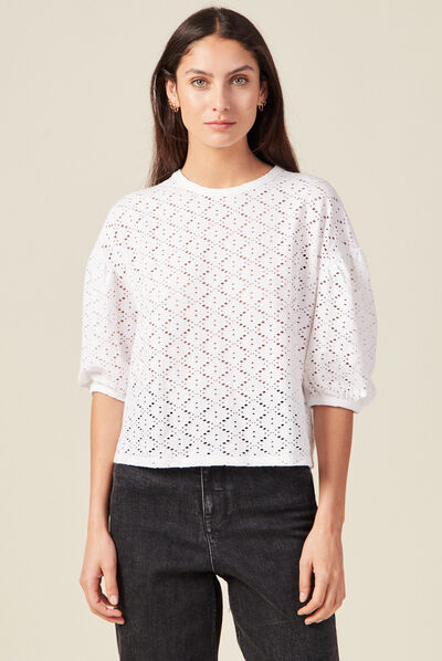 T-shirt manches 3/4 ajouré ecru femme