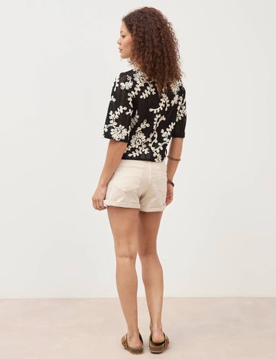 T-shirt brod&eacute; col rond manches 3/4 noir femme