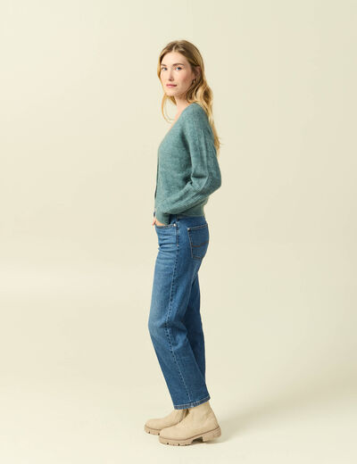 Gilet ajour&eacute; col V manches longues vert femme
