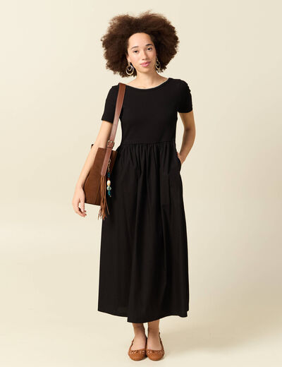 Robe longue bi-mati&egrave;re col rond noir femme