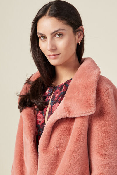 Manteau droit fausse fourrure rouge clair femme
