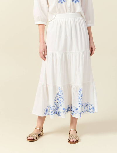 Jupe longue évasée brodée ecru femme