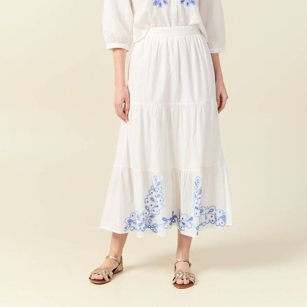 Jupe longue évasée brodée ecru femme