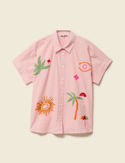 Chemise ample en coton &agrave; broderie orange abricot femme