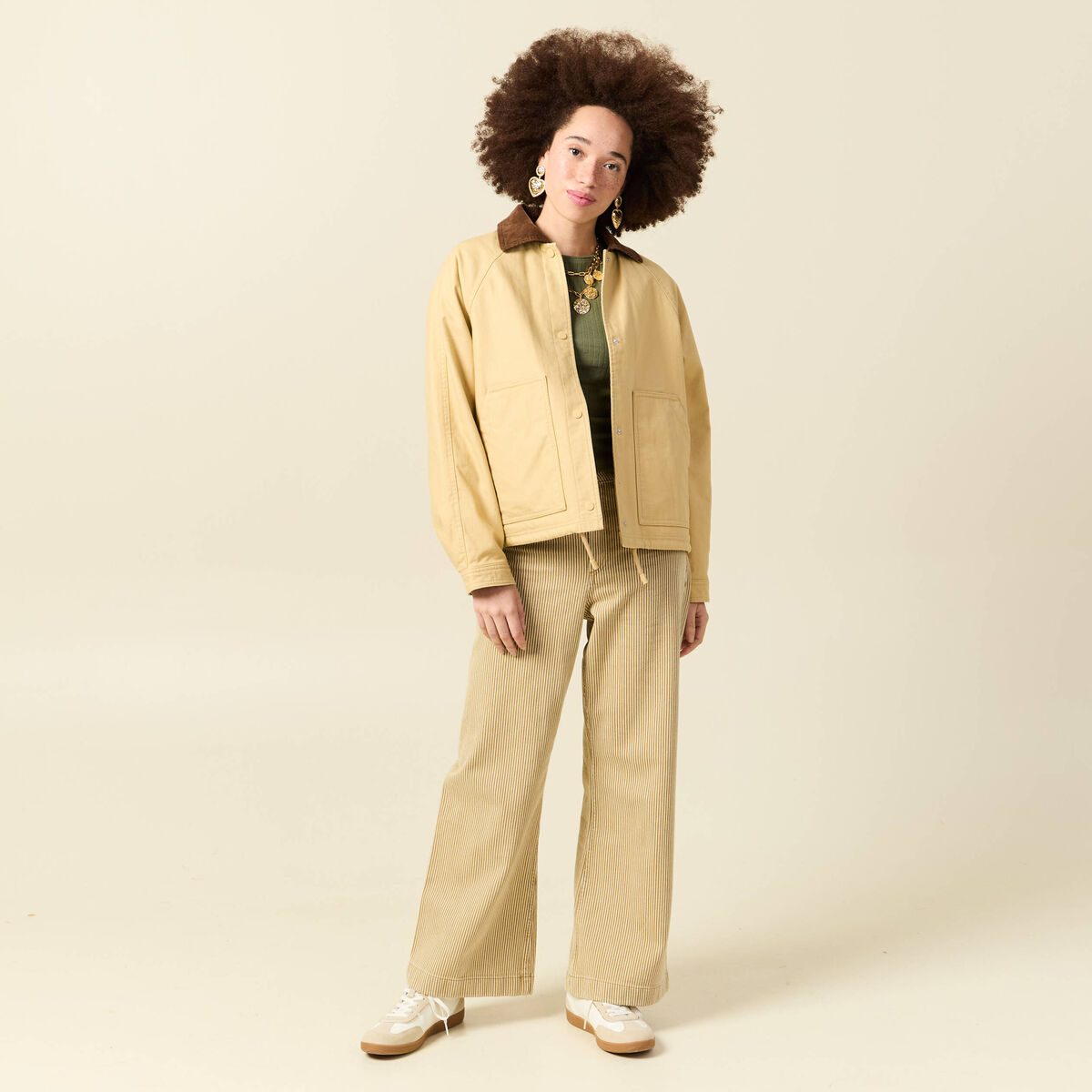 Veste oversize mi-longue en coton beige femme