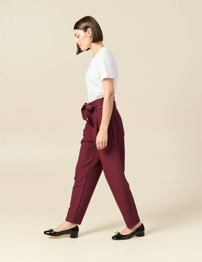 Pantalon carotte taille haute bordeaux femme