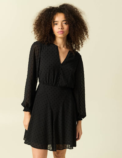 Robe fluide col v manches longues noir femme
