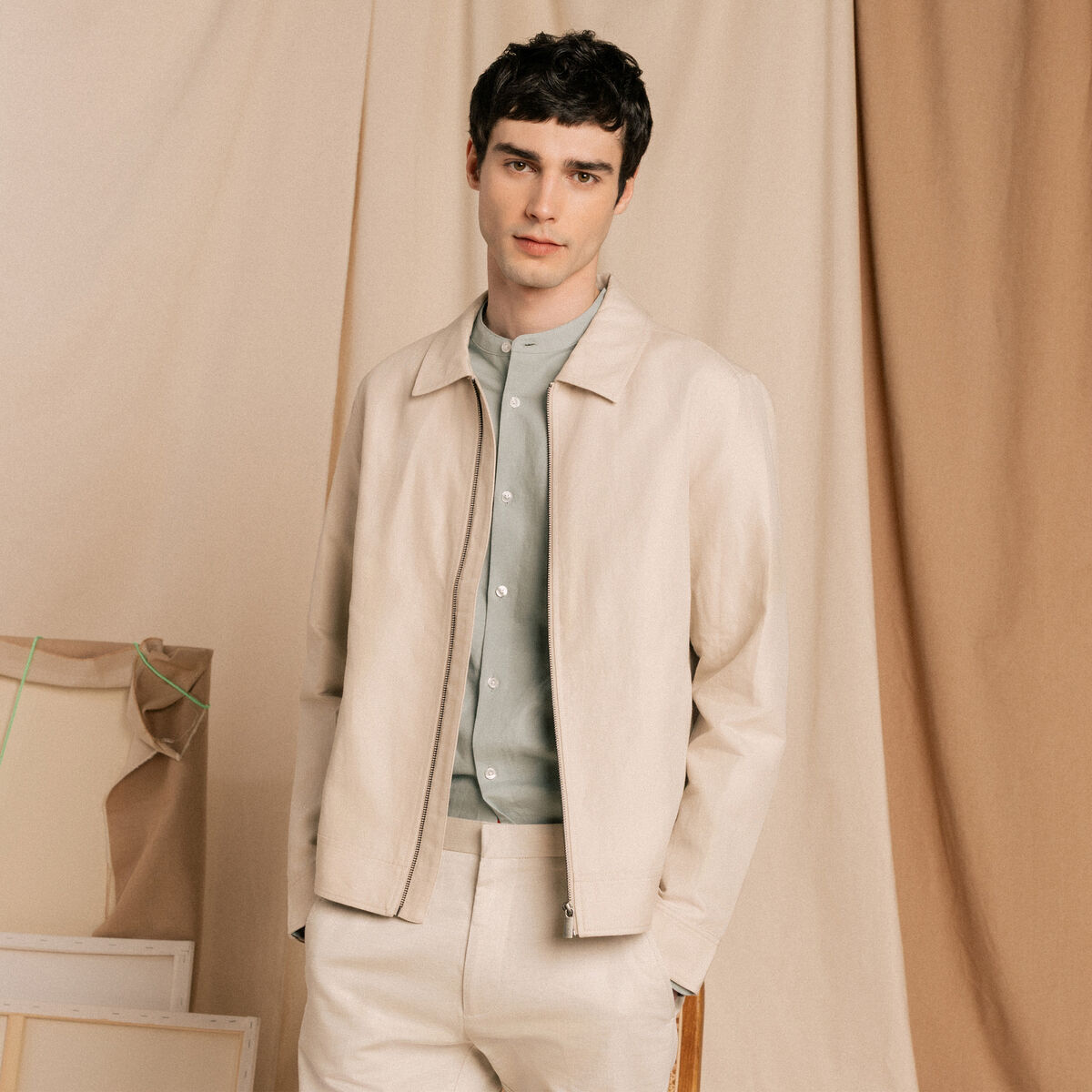 Blouson droit court manches longues sable homme