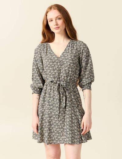 Robe évasée fluide manches 3/4 noir femme