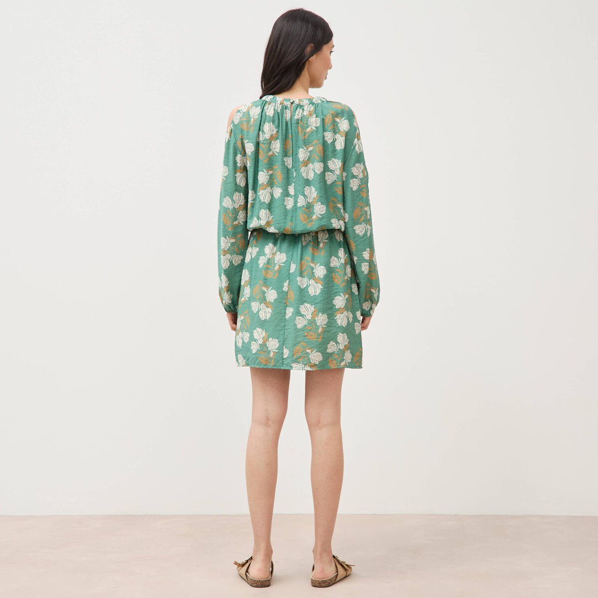 Robe manches longues col rond vert &eacute;meraude femme