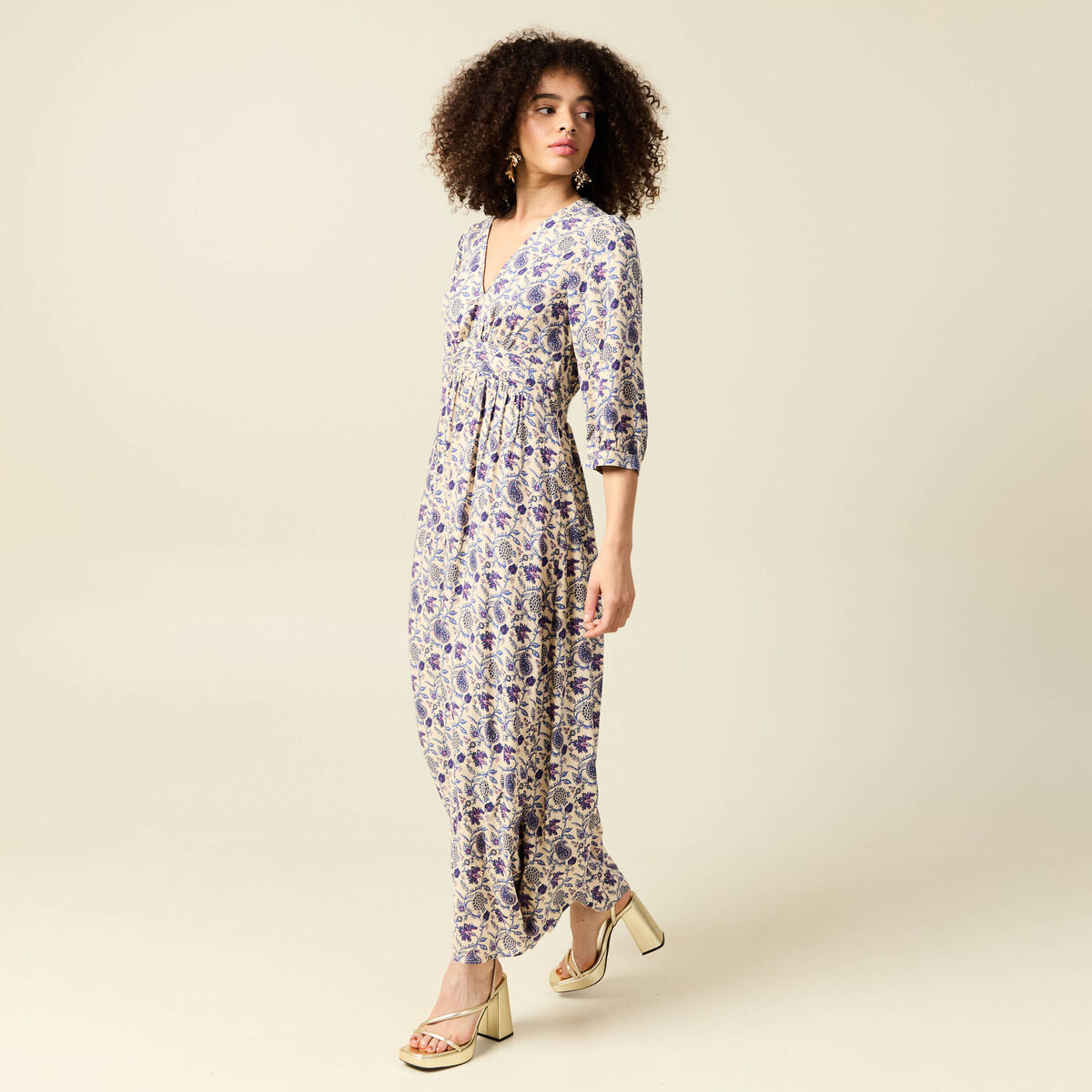 Robe col V manches longues bleu femme