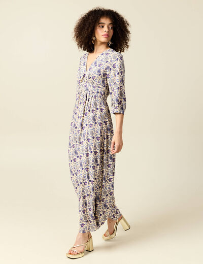 Robe col V manches longues bleu femme