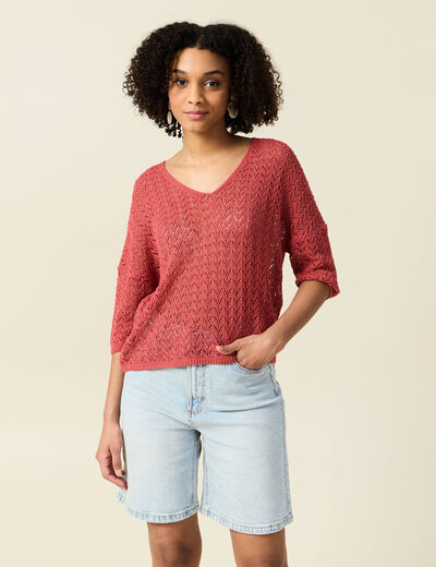 Pull manches 3/4 ajouré vieux rose femme