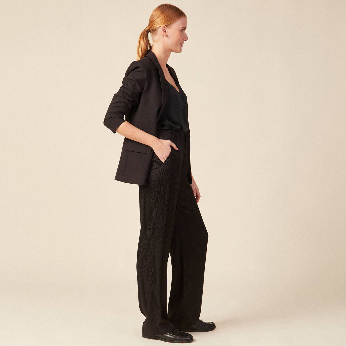 Pantalon large satin noir femme